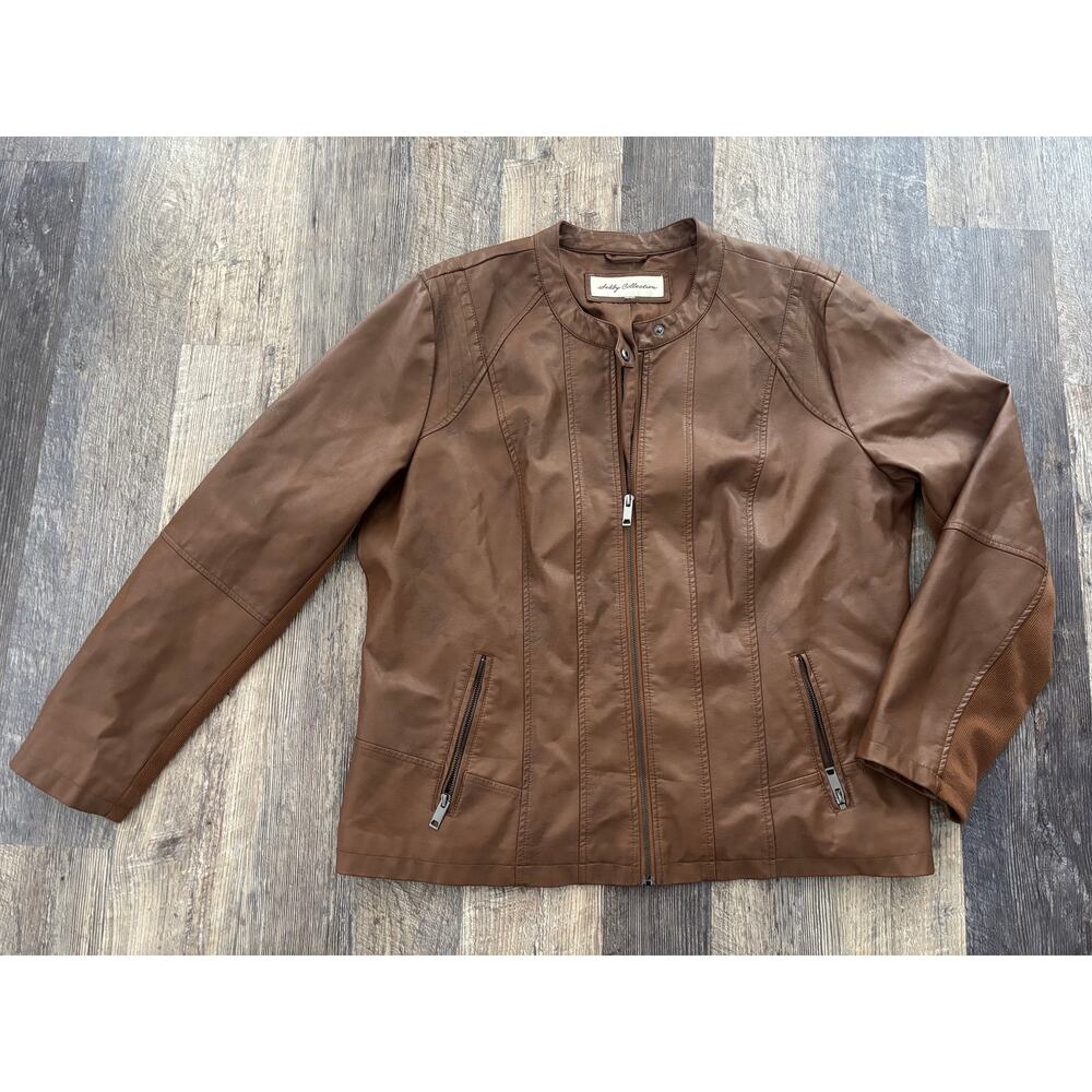 Sebby Collection Brown Faux‎ Leather Moto Jacket Womens Plus Size SL0567 Cognac